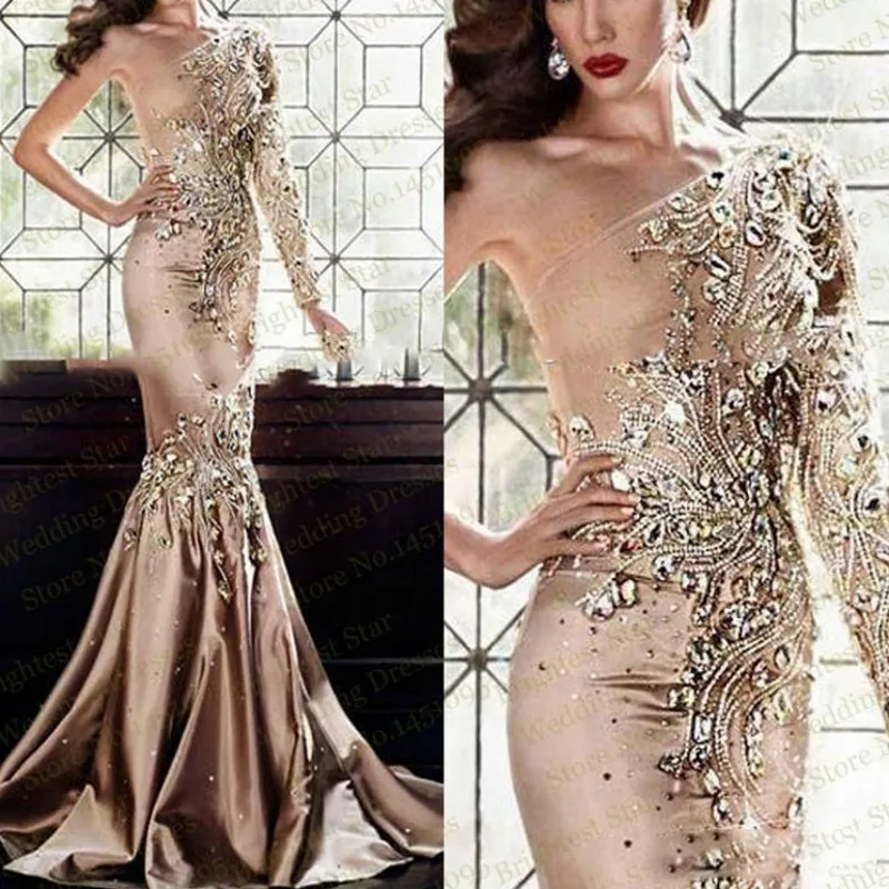 Gorgeous Evening Dresses One Shoulder Sleeve robe de soiree Bead Evening Dress Long vestido de festa 2018 abiye gece elbisesi Gorgeous Evening Dresses One Shoulder Sleeve robe de soiree Bead Evening Dress Long vestido de festa 2018 abiye gece elbisesi