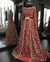Crystal Beaded Moroccan Kaftan Champagne Lace and Red Hijab Muslim Evening Dress Long Sleeves Formal Evening Gown