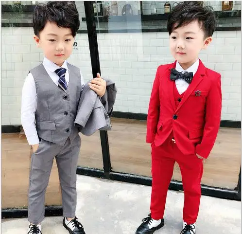 autumn Red/gray 3Pcs baby Boys Suits Wedding Formal Children blazers Suit Tuxedo Party clothes jacket+vest+pant set for boys
