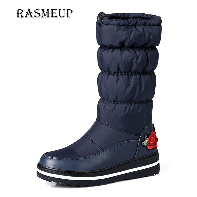 

RASMEUP Rose Embroidery Women's Snow Boots Winter Women Down Plush Warm Mid Calf Platform Boots Woman Waterproof Platform Shoes