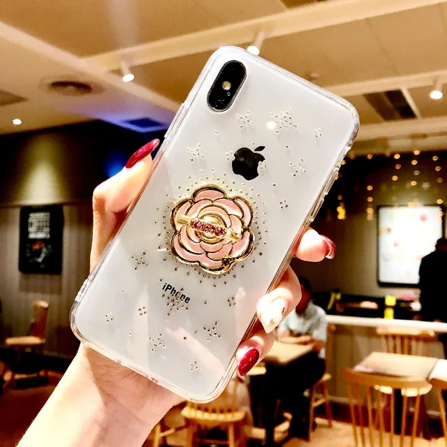 Dir-Maos For iPhone Xr Case Xs Max 8 Plus 7 Plus 6 6s Plus Fashion Women Clear Cover Diamond Finger Ring Stand Hold Cute Girl