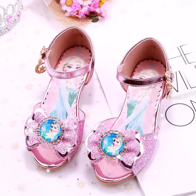 Disney/ новые летние сандалии на высоком каблуке для девочек, обувь с кристаллами, детская обувь принцессы с открытым носком, европейские размеры 27-38 - Цвет: Розовый