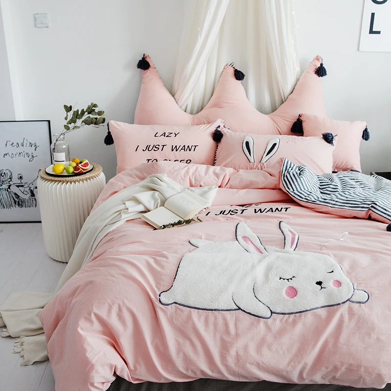 

Pink Cute Cartoon Rabbit Bear Embroidery 100% Washed Cotton Bedding Set Duvet Cover Bed sheet/Linen Pillowcases Gift For Child