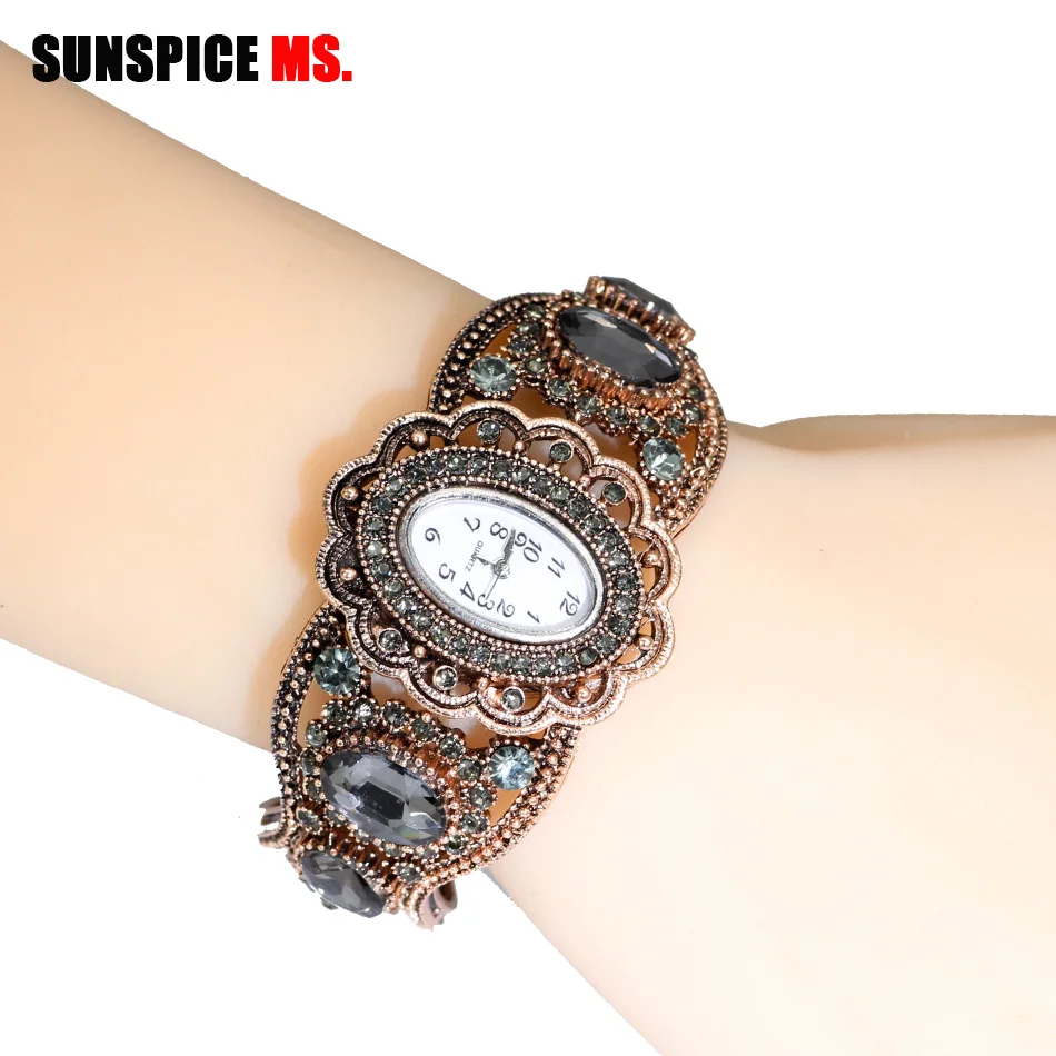 SUNSPICE-MS кварцевые наручные часы Ретро Винтаж браслет манжеты часы для женщин античное золото цвет полый цветок индийские ювелирные изделия Серый Кристалл