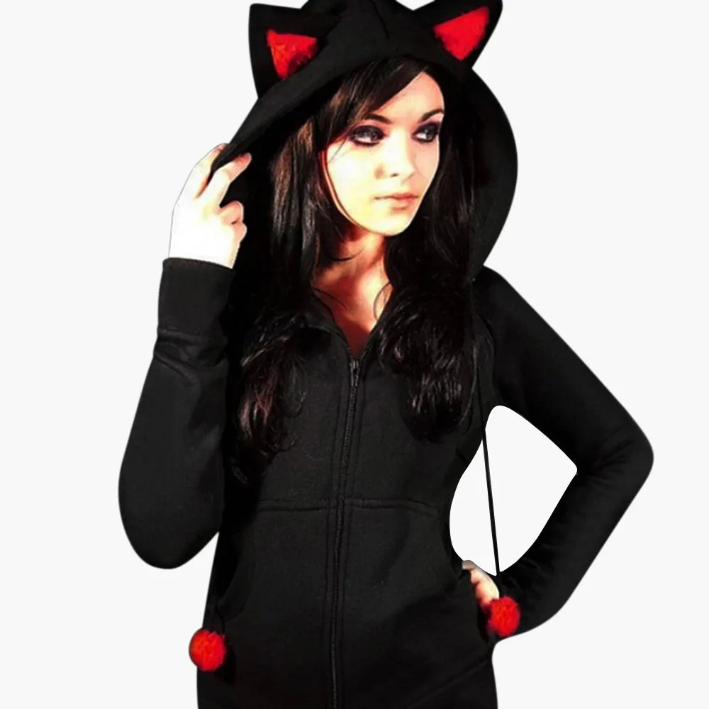 Cute Cats Hooded Zipper Outwear Women Fashion Cat Bandages Fleece