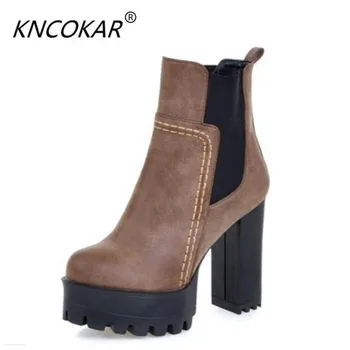 

KNCOKAR 2017 Autumn and winter new European and American fashion short boots with high heels and super size 35-47 female boots