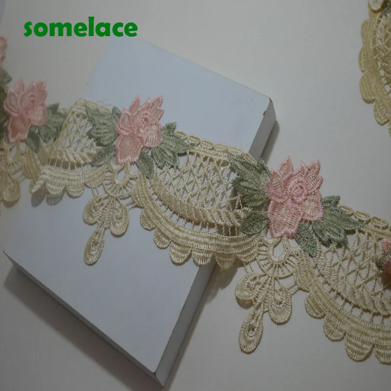 

2yds 14cm light gold edge pink floral hollow venise lace DIY lace trim for garments and wedding decoration