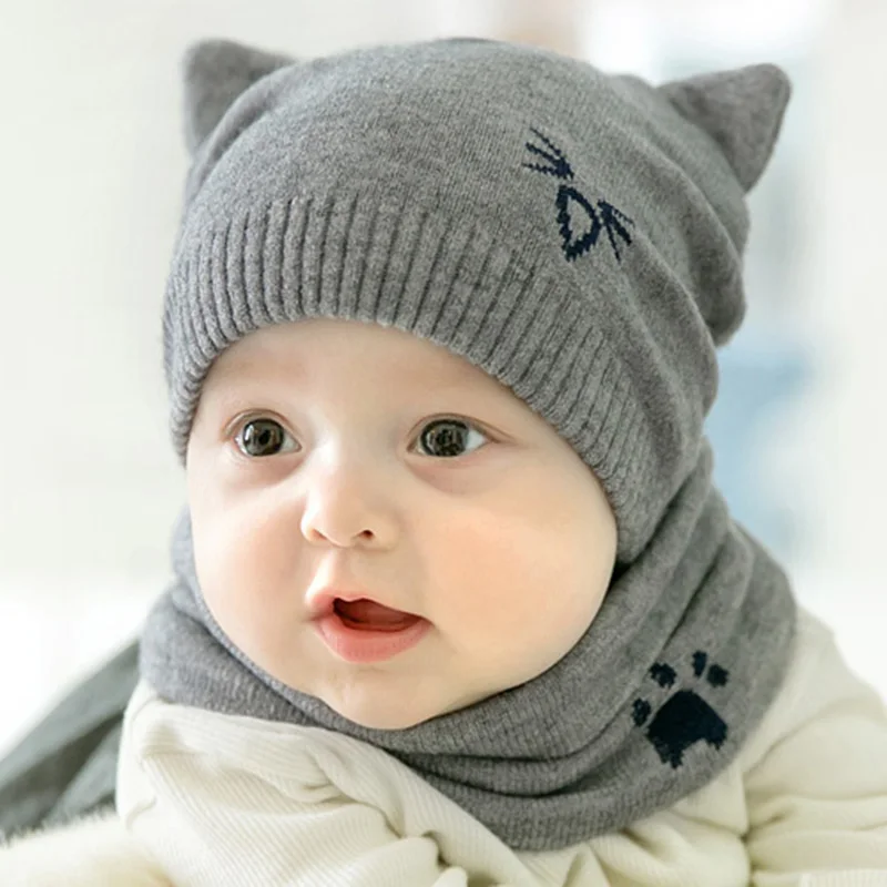 1 комплект, милая детская шапка с медведем из мультфильма, шарф, зимняя вязаная теплая шапка для новорожденного, одноцветная Защитная шапка с ушками, круглые шарфы, детская шапочка