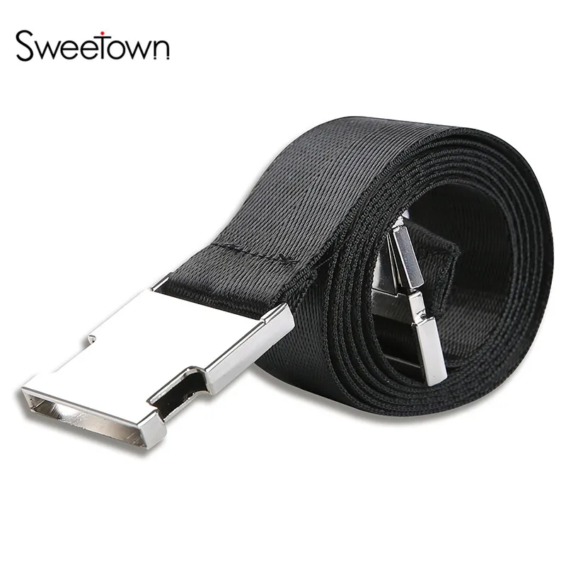 

Sweetown Black Canvas Belt For Women Casual Female Waist Belts With Metal Buckle Harajuku Solid Color Long Belts Ceinture Femme