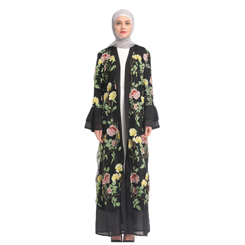 

Muslim Women Floral Chiffon Abaya Arab Embroidery Long Cardigan Kaftan Dresses without Scarf