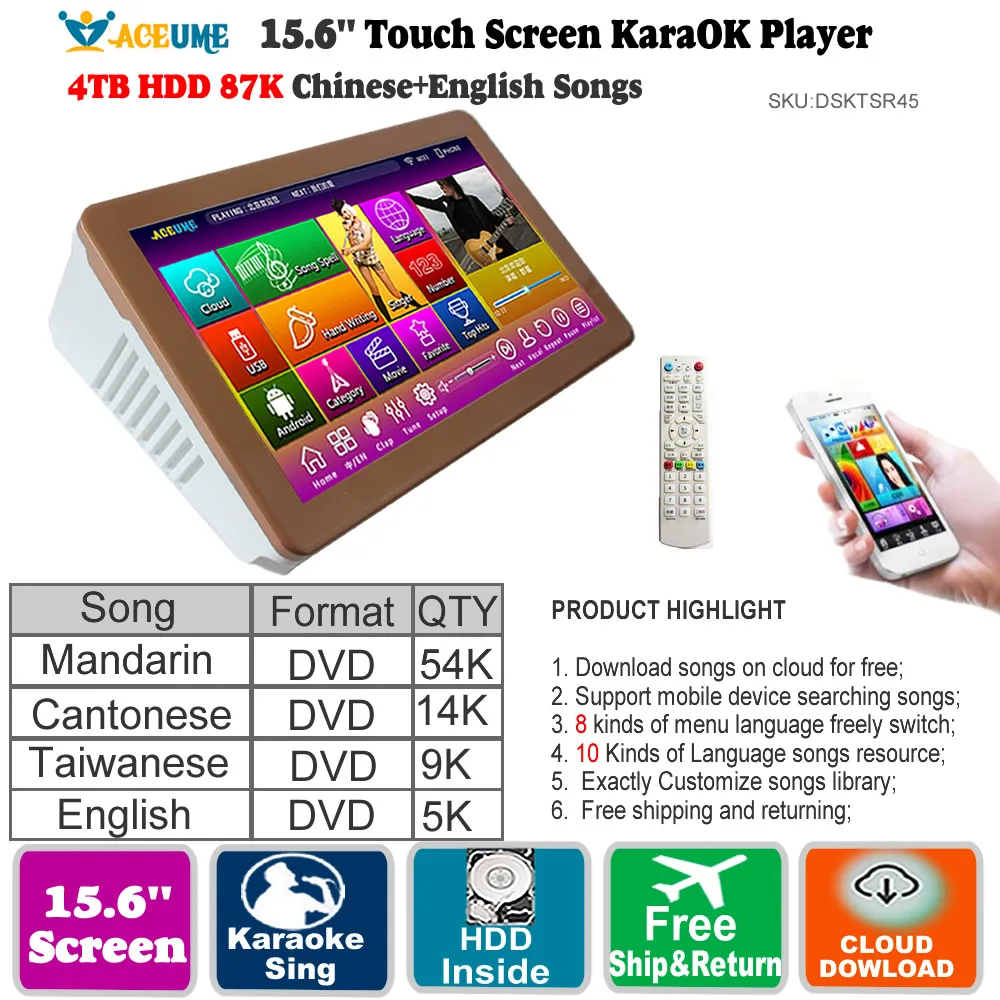 

4TB HDD 77K Songs,Chinese,English Touch Screen Karaoke Player,15'',Desktop,Cloud download,Multi-Language Menu,Home KTV Sings