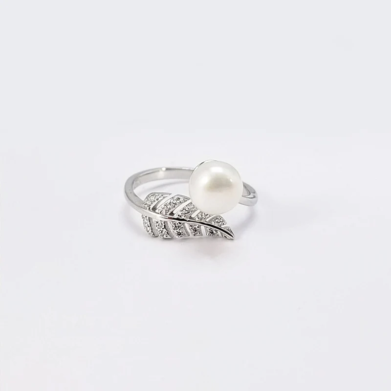 

S925 Sterling Silver Inlaid Zircon Leaf Pearl Ring Woman Adjustable Oyster Pearl Ring Mounting Accessory Fit 6-8mm Bead
