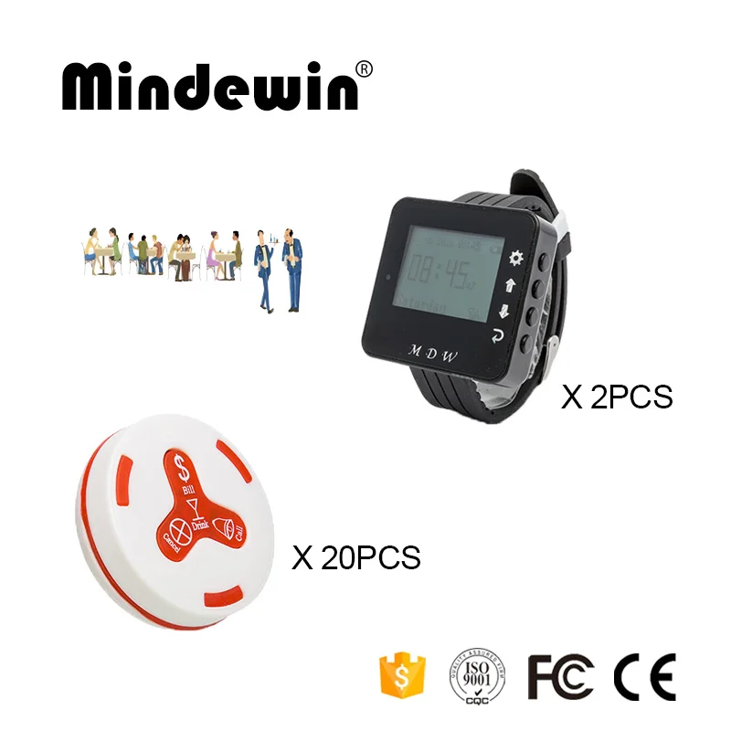 

Mindewin 433MHz Wireless Call Bell System 2PCS Watch Pager M-W-1 and 20PCS Table Call Button M-K-4 Restauran Paging System