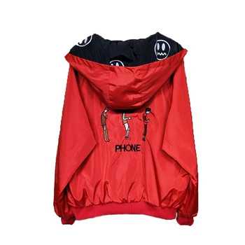 

Spring Autumn 2018 Fashion Women Jacket Coat Pocket Zipper Hooded Two Side Wear Cartoon Faces Print Outwear Loose Plus Size