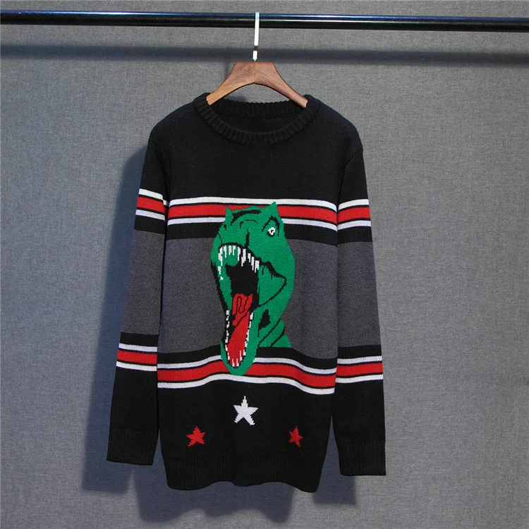 Runway, зимние черные вязаные свитера и пуловеры для женщин, длинный рукав, динозавр, в полоску, свободные, вязаные, большие размеры, джемпер, одежда - Цвет: Black