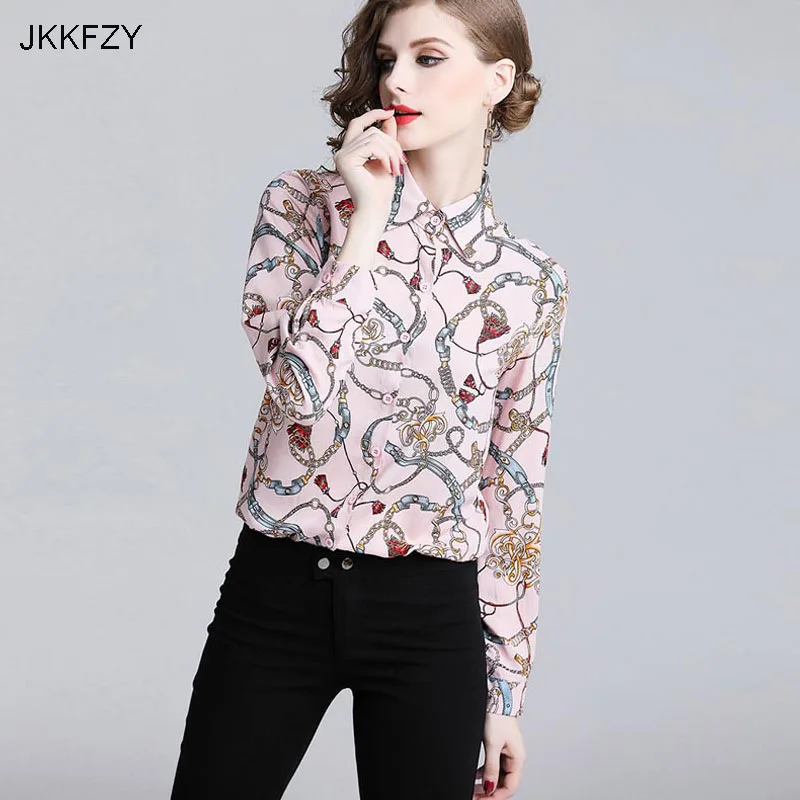 

JKKFZY Runway Blouse New Women Shirt Print High Quality Fashion Long Sleeves Shirt Female Top Black Pink