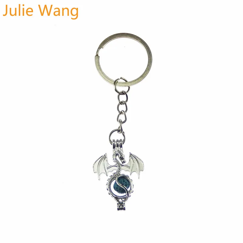 Julie Wang 1PCS Alloy White K Creative Dragon With Lava Stone Keychains Keyrings Key Holder Charm Women/Men's Fashion Jewelry |