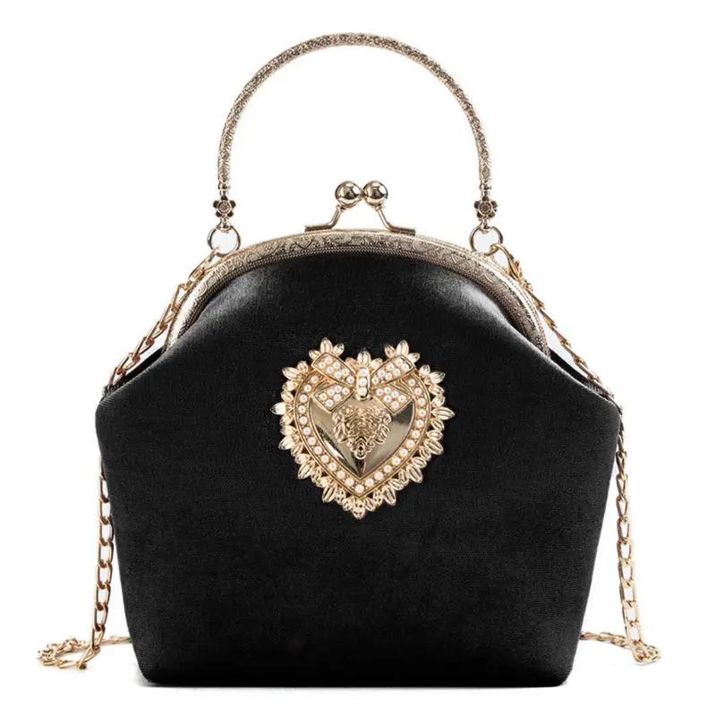 Женская бархатная сумочка, Винтажный дизайн в виде сердца, вечерняя сумочка, Свадебная вечеринка, клатч для невесты, сумки на плечо, кошелек - Цвет: black