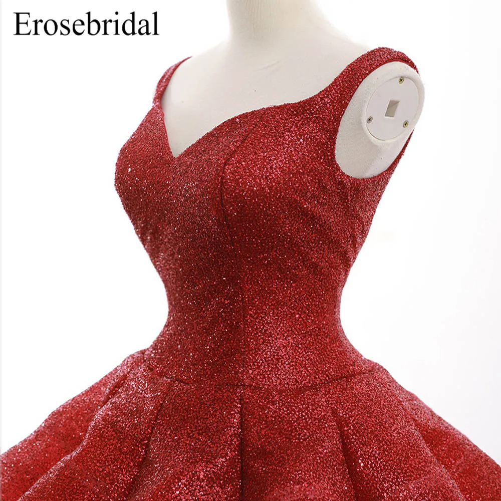 Red Ball Gown Evening Dress Long 2019 Sequined Evening Wear V Neck Elegant Lace Up Back robe de soiree Real Image