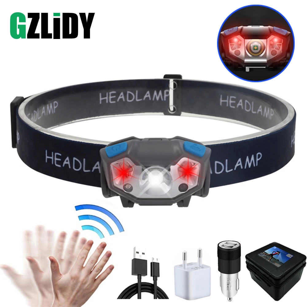 

Super bright LED headlamp built-in inductive sensor USB rechargeable 5 lighting mode LED headlight for running, fishing, etc.