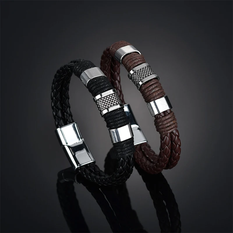 Модные чёрный; коричневый ткань Кожаный Плетеный Натуральная Для мужчин браслет мужской браслеты дропшиппинг