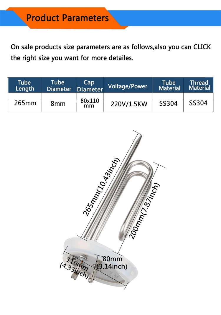 Isuotuo 110 мм* 80 мм колпачок 220 В 1500 Вт Нагревательный элемент для водонагревателя из нержавеющей стали, электрическая нагревательная трубка с 265 датчик мм