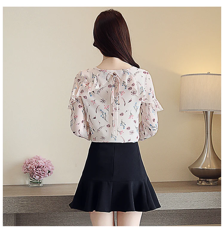 Dingaozlz Корейская шифоновая блузка с оборками и принтом элегантная женская шифоновая офисная рубашка с длинным рукавом женская одежда повседневные топы
