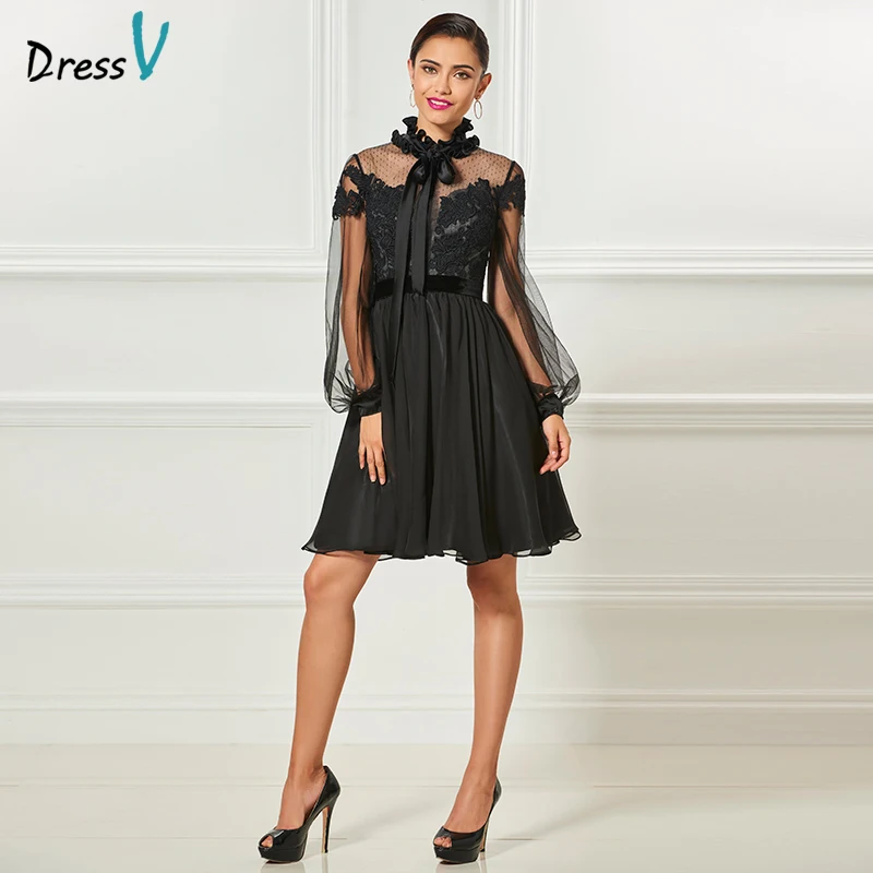 Dressv черное элегантное коктейльное платье с высоким воротом длинными рукавами