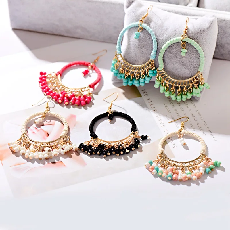 

6 Color Acrylic Beads Tassel Hanging Earrings For Women Handmade Ethnic Brincos Big Round Line Earrings Wedding Jewelry