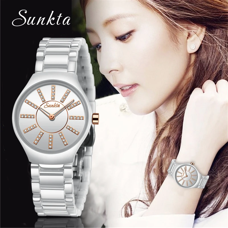 SUNKTA New Women Watch Luxury Ceramics Crystal Dress Wrist Watches Fashion Casual Waterproof Quartz Clock Ladies Zegarek Damski