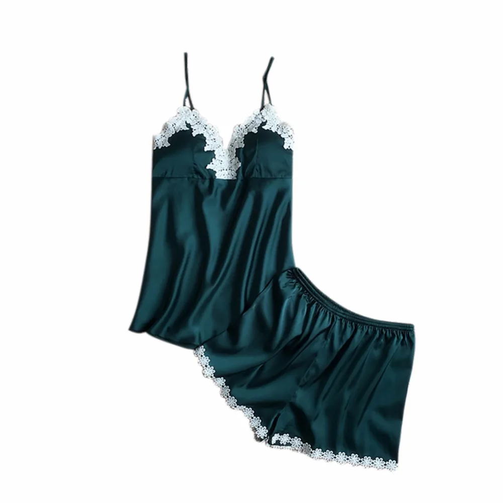

Women Lace Stitching Sexy Tops+Pants Suit Summer Silk Pillow Pad Candy Color Sling Pajamas Set