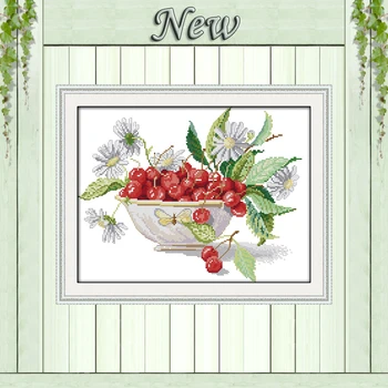 

Delicious Cherry fruit bowl Painting Decor Counted Print on fabric DMC 14CT 11CT DIY Cross Stitch Needlework Kit Embroidery Sets