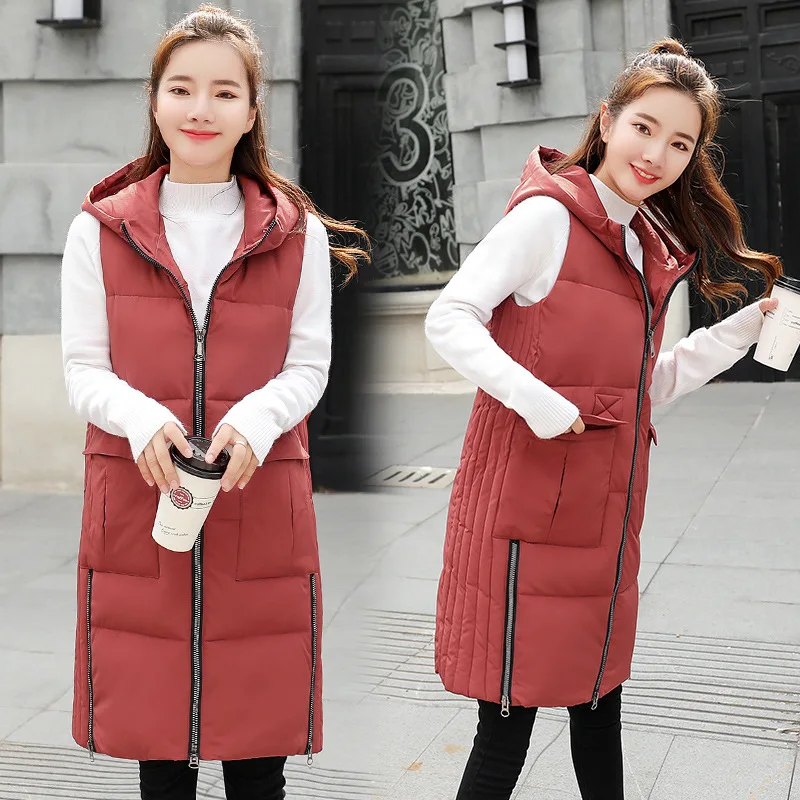 

Sleeveless Down cotton Vest Women Warm Jacket Slim Medium-long Overcoat Plus size Female Hooded Vest Coat Autumn Winter 2019 Ne