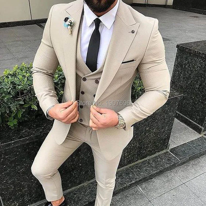 Three Piece Men Suits 2018 Peaked Lapel Trim Fit Blazer Tailor Made Wedding Groom Tuxedos Latest Jacket Vest Coat Pants Design