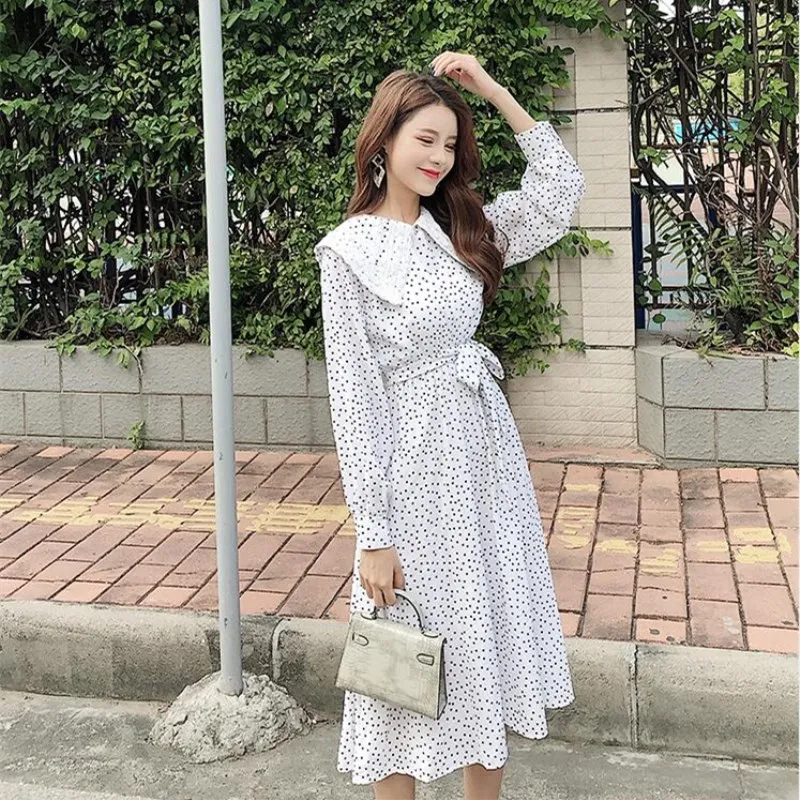 

2019 Floral Print Vintage Autumn Winter Women Casual Elastic Waist Dress with Collar, Long Sleeve, Corduroy Dress