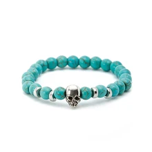 2017 Fashion Natural Green Turquoise Stone Bead Skull Head Charm Elastic Yoga Mala Bracelet For Women Men Gift stylish square fake turquoise bead bracelet for women