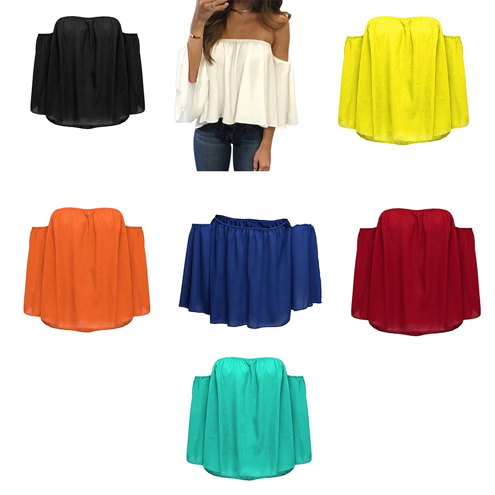 Stylish Women Off Shoulder Casual Blouse Shirt Tops Strapless Pure Color Bell Puff Sleeve Tops Stylish Women Off Shoulder Casual Blouse Shirt Tops Strapless Pure Color Bell Puff Sleeve Tops