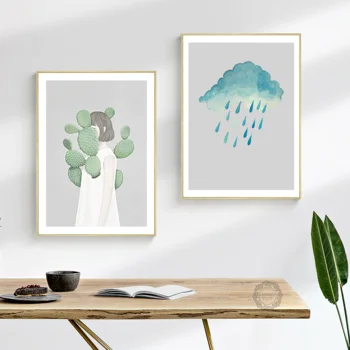 

Nordic Minimalist Cactus Girl Canvas Painting Green Plant Posters and Prints Wall Art Wall Pictures Dining Room Kitchen Boho Dec