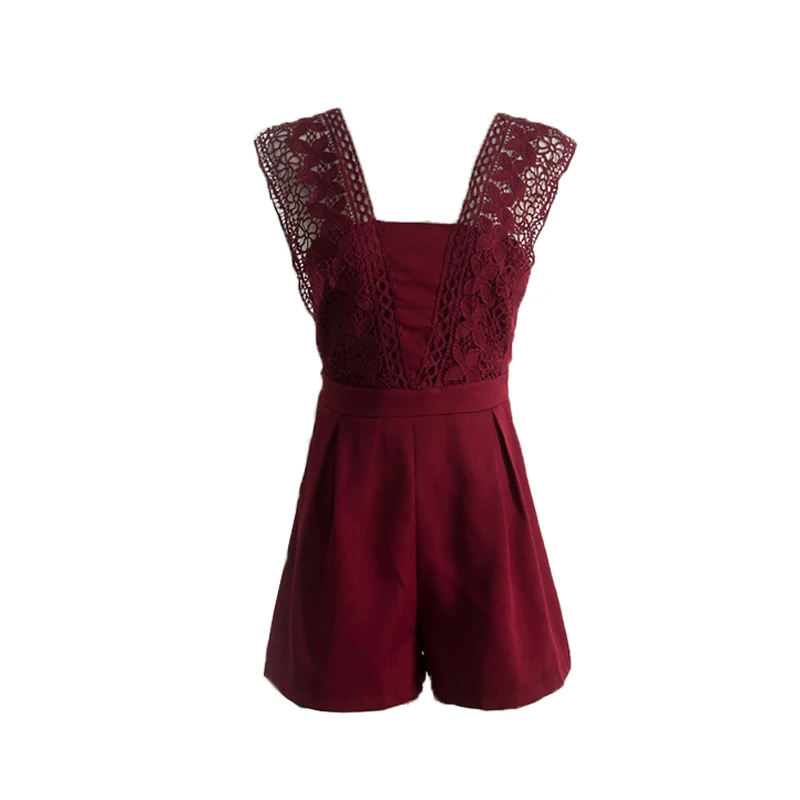 

PERHAPS U solid navy blue pink wine red pocket lace sleeveless tank slash neck playsuits short summer chiffon J0002