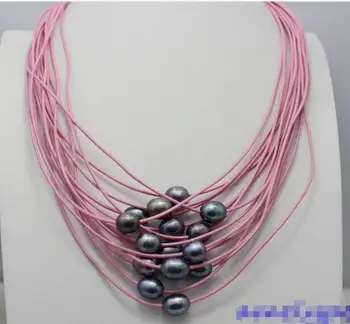 

Black freshwater pearl 15strand pink Genuine leather necklace
