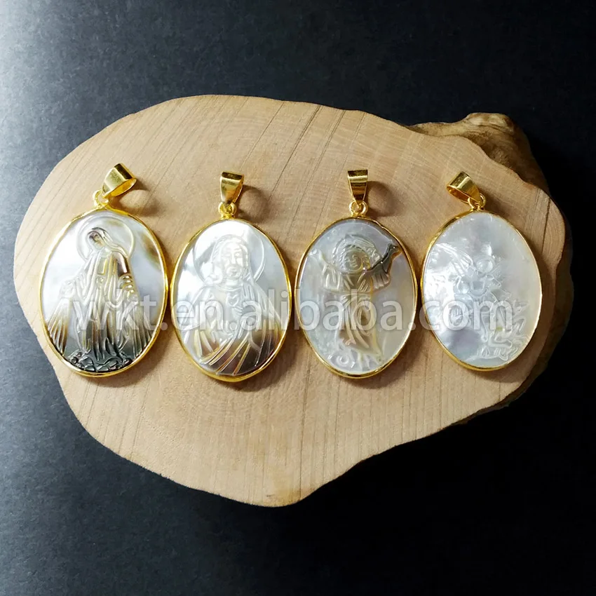 

WT- P682 Latest Trending Unique Carved shell Pendants natural shell with gold loop handcarved vigin mary Jesus christian Pendant