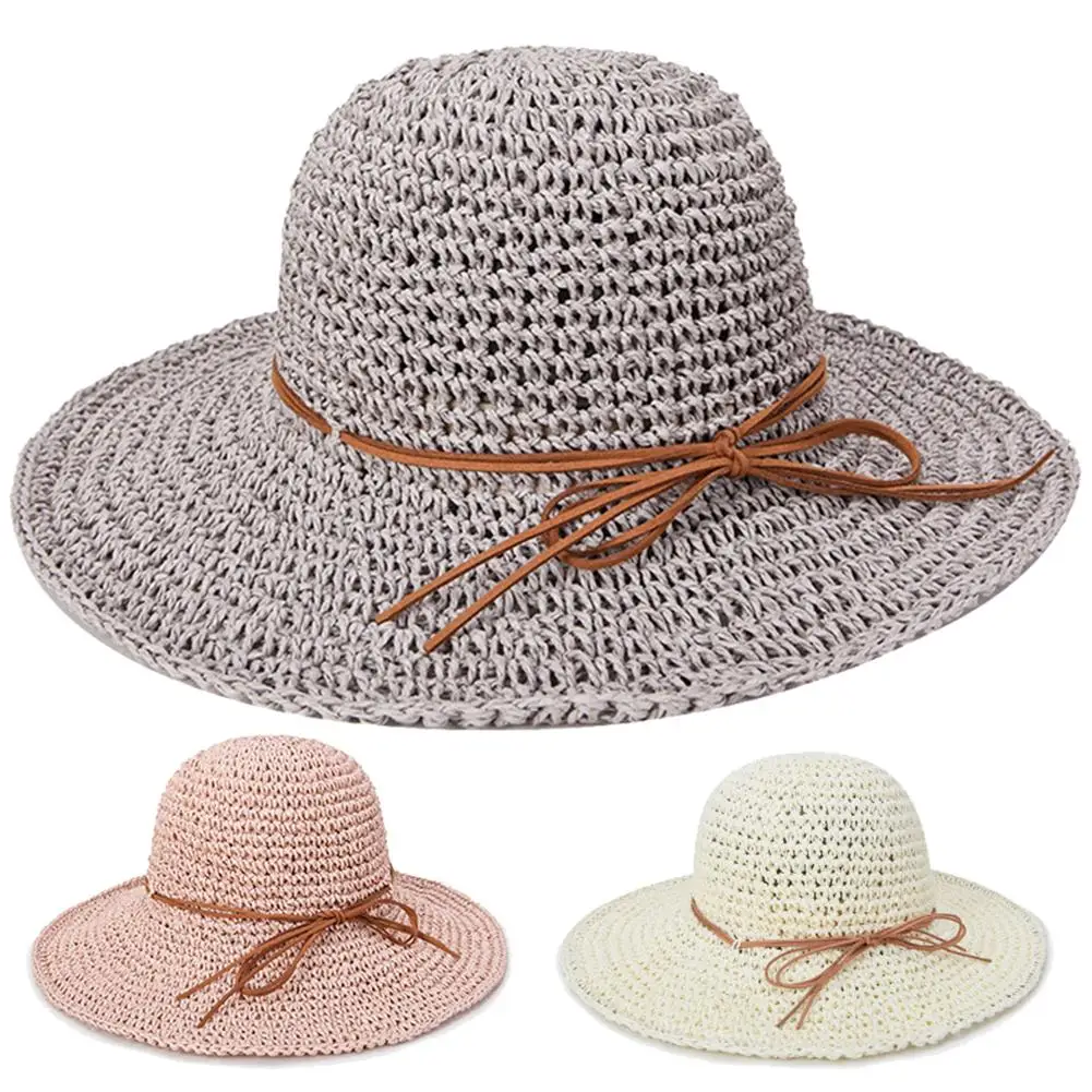 Fashion Summer Round Straw Rattan Sun Hat for Women Summer Beach Outdoor Bow Floppy Hat Folding Wide Brim Dome Sun Cap