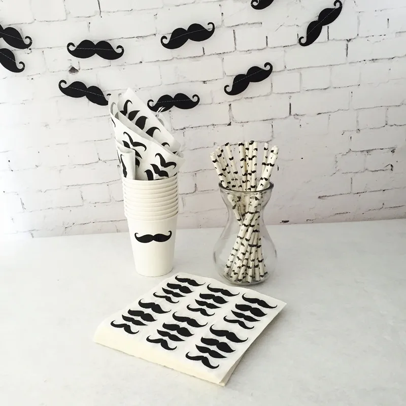 

Free Shipping 30 Sets Mustache Paper Cups Napkins Drinking Straws Backdrop Bunting Banners Little Man Birthday Event Party Favor