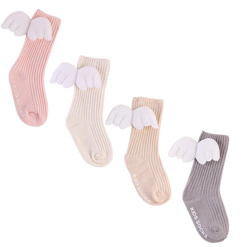 Мягкие хлопковые кружевные носки принцессы с крыльями ангела для маленьких девочек детские длинные гетры до колена для детей от 0 до 4 лет, носки для новорожденных, G0373