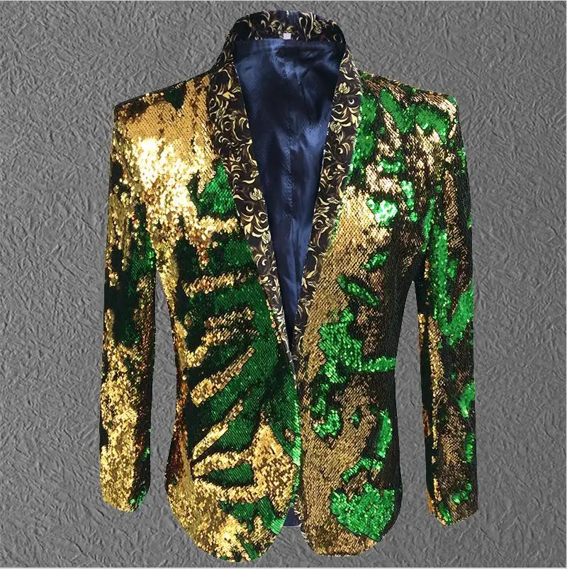 Мужская куртка с блестками золотистого и зеленого цвета, мужской пиджак, мужской костюм, костюм для выпускного, свадьбы, Наряд жениха, певец, черные, вечерние, для сцены - Цвет: gold green