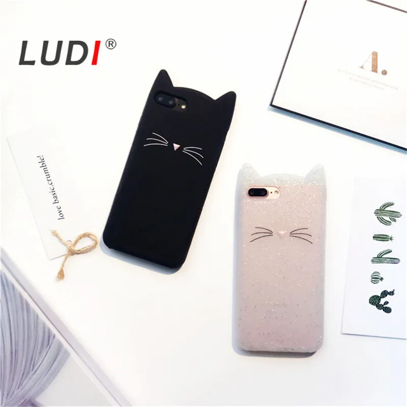 

LUDI Lovely Glitter Cartoon Cute Cat 3D Silicon Case for iPhone X 8 7 7plus 6 6s 6plus 6splus High Quality Cases