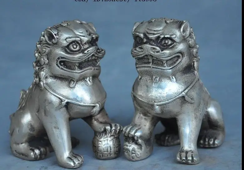 

6336<<++old chinese silver fengshui Foo dog lion Beast Evil Guardian Door statue pair