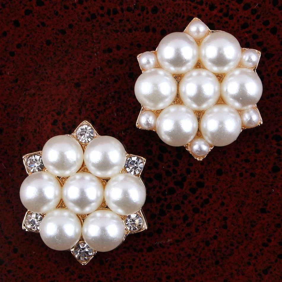 

30pcs/lot 23MM Imitation Pearl Flower Buttons Gold Color Flatback Rhinestone Embellishments DIY Decorative Buttons For Crafts