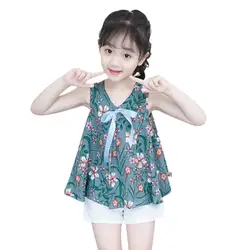 Детская одежда для девочек, детские комплекты в китайском стиле, жилет без рукавов с цветочным принтом + белые шорты, комплекты детской