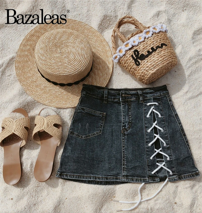 Bazaleas, модная джинсовая короткая юбка, Ретро стиль, с перекрестными завязками, для фитнеса, а-силуэт, юбки для женщин, обтягивающие, бандаж, Сексуальная Мини юбка, повседневная